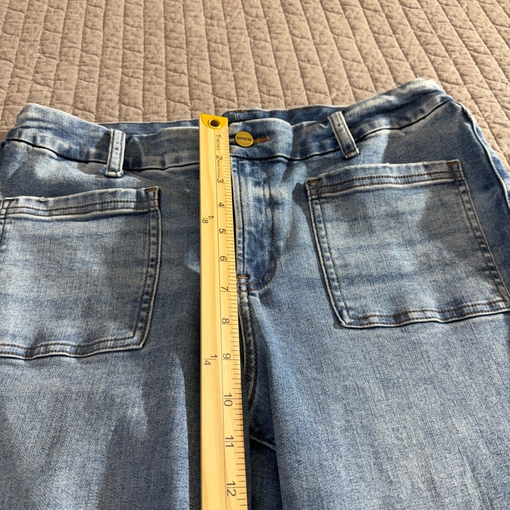 Express Mid Rise FlexX 70’s Flare Denim Jeans in Classic Blue - Picture 9 of 11